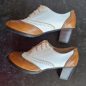 Vintage Look Stacked Heel Wingtip Oxfords
